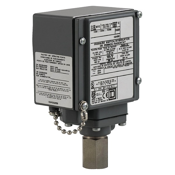 Interruptor de presión Telemecanique Sensors, (1) Puerto, 1/4-18 pulgadas de rosca hembra NPT, DPDT, de 170 a 5600 psi, Acción estándar - 9012GCW23