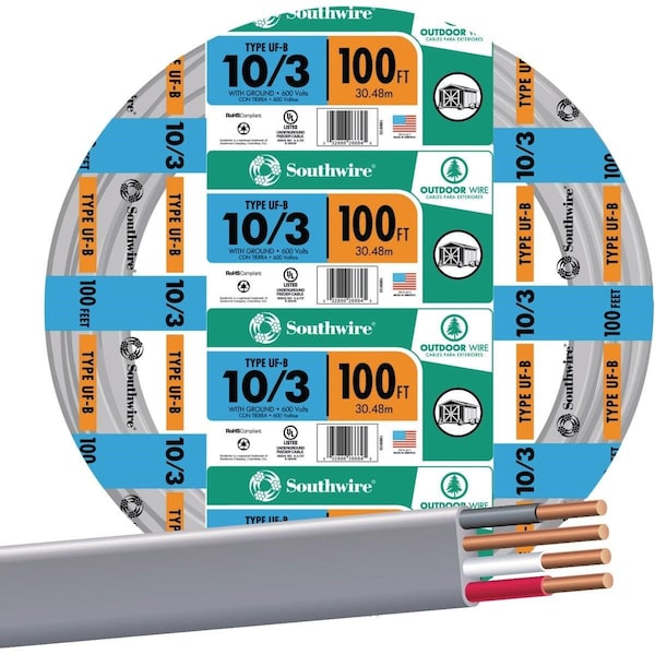 Southwire UF-B, Non-Metallic Underground Feeder Cable, 10 AWG, 100 ft - 13059123