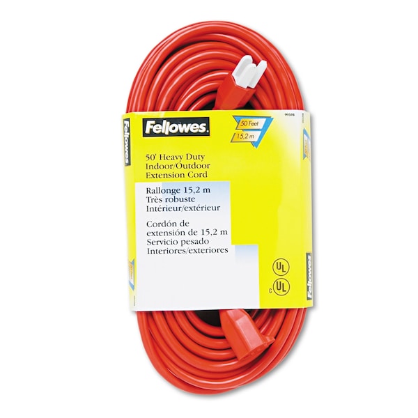 Fellowes Extension Cord, 16 AWG, 1 Outlets, Orange, 50 ft - 99598