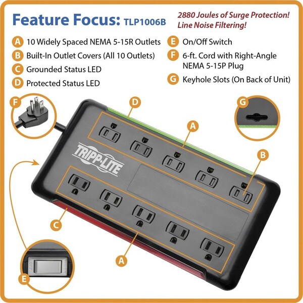 Tripp Lite Surge Protector, 10-Outlet, 5-7/10"Wx11-1/10"Lx1-3/10"H, BK - TRPTLP1006B