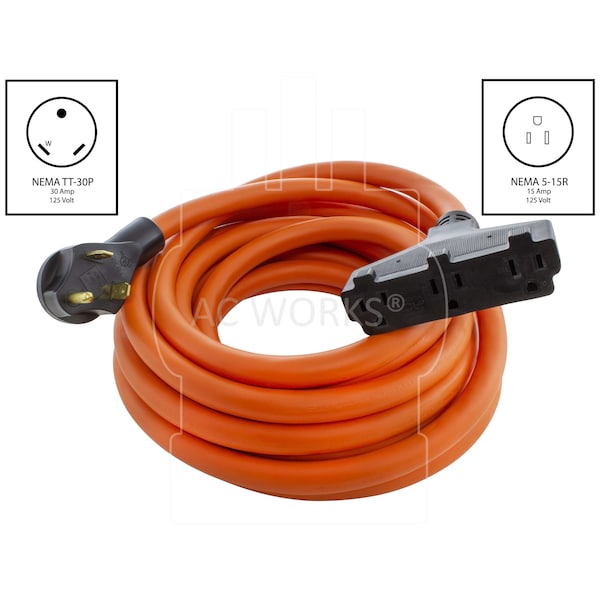 Ac Works 25ft 10/3 TT-30P RV/Generator 30A Plug to 3 Household Outlets - TT30W515-025