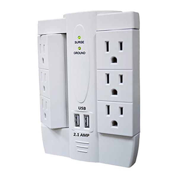Electriduct 6 Outlet Swivel Wall Tap Surge Protector w/ 2 Port USB Charging - PDC-SWIVEL-6P-2U-WT
