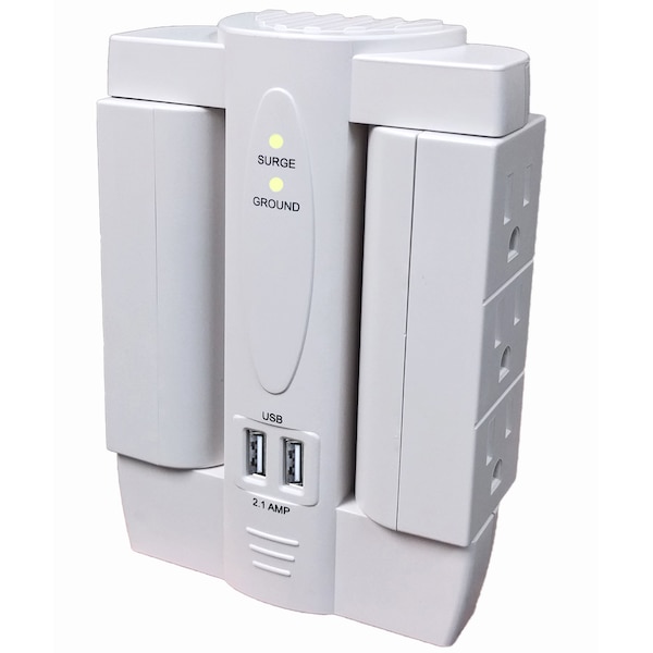 Electriduct 6 Outlet Swivel Wall Tap Surge Protector w/ 2 Port USB Charging - PDC-SWIVEL-6P-2U-WT