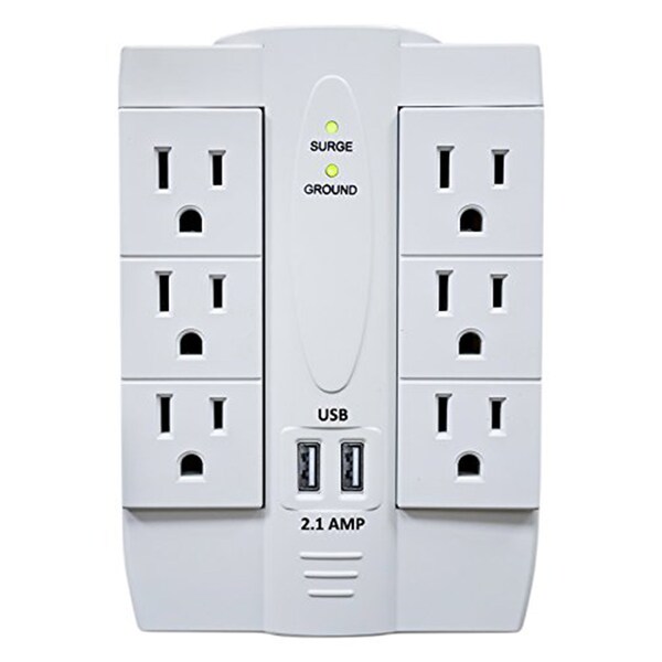 Electriduct 6 Outlet Swivel Wall Tap Surge Protector w/ 2 Port USB Charging - PDC-SWIVEL-6P-2U-WT