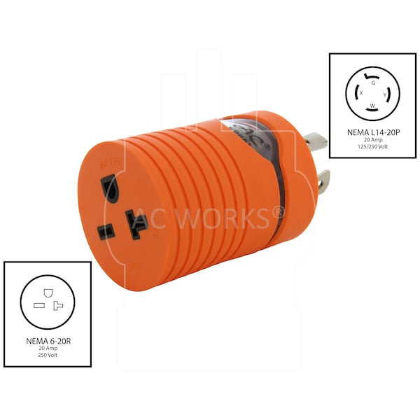 Ac Works Adapter L14-20P 20A 125/250V 4-Prong Plug to 6-15/20R 250V 15/20A T-Blade - ADL1420620