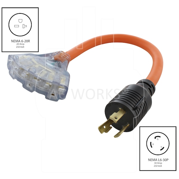 Ac Works 1.5FT 30A 250V L6-30 Plug to 3 NEMA 6-15/20 Tri-Outlets with Indicator - L630W620-018