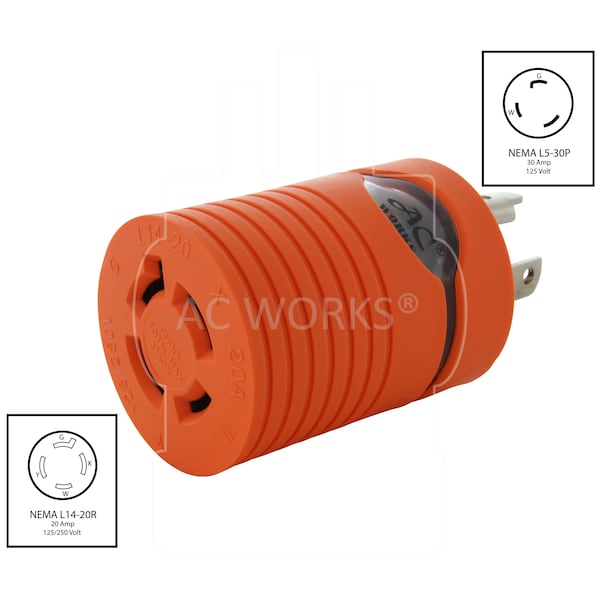 Ac Works Locking Adapter L5-30P to L14-20R Hots Bridged 20A 125/250V - ADL530L1420