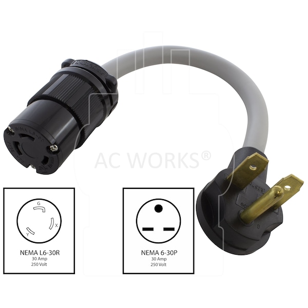 Ac Works 1FT 30A 6-30P Commercial HVAC Plug to L6-30R 30A 250V Locking Connector - S630L630-012