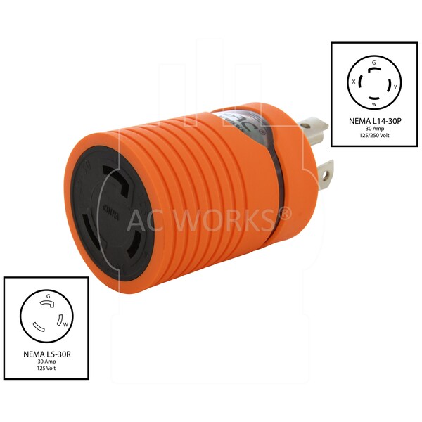 Ac Works Adapter L14-30P 30A 125/250V 4-Prong Plug to L5-30R 3-Prong 30A 125V Adapter - ADL1430L530