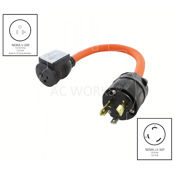 Ac Works 1.5FT 30A 3-Prong L5-30P Locking Plug to Household Outlet with 20A Breaker - L530CB520