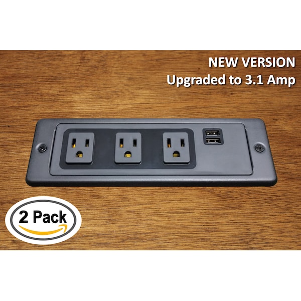 Electriduct In/On-Desk/UnderTable Power Center(3 Power, 2 USB)- Black - PDC-SW-3P-2USB-ID-2PK