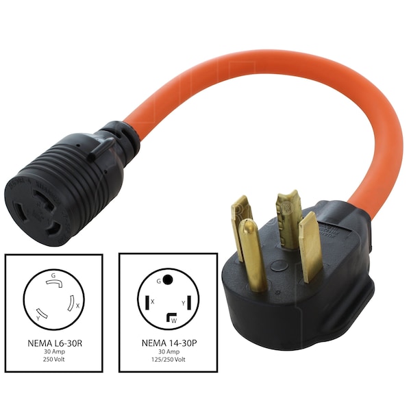 Ac Works 1.5FT 14-30P 4-Prong Dryer Plug to L6-30R 3-Prong 30 Amp 250 Locking Female Adapter - S1430L630-018