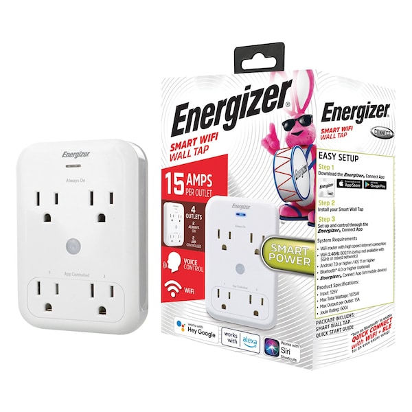 Energizer Smart Wi-Fi 4-Outlet Wall Tap - EWT3-1000-WHT