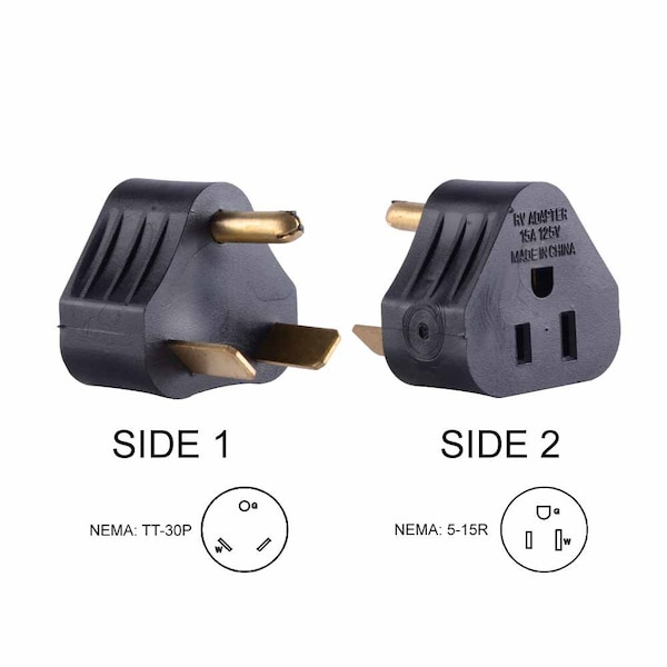 Superior Electric 30 Amp Male NEMA TT-30P to 15 Amp Female NEMA 5-15R Adapter Plug (Triangle) - RVA1516