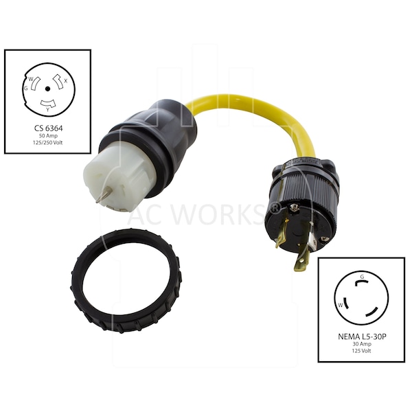 Ac Works 1.5FT Temp Power L5-30P 30A 3-Prong Generator Locking Plug to CS6364 50A Connector - TEL530-018
