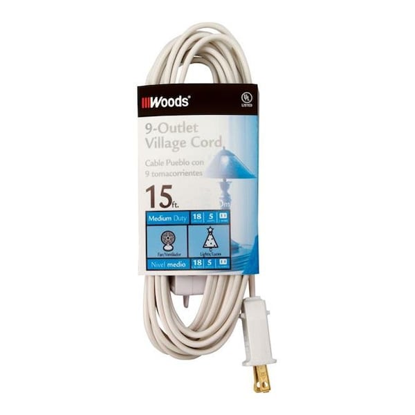 Woods Extension Cord, 18 AWG, Indoor, 18/2, 9 Outlets, 15 ft - 3835089