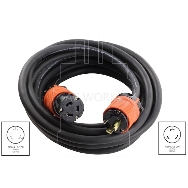 Ac Works SOOW; Cold Weather Extension Cord, 12 AWG, Indoor/Outdoor, 12/3, 1 Outlets, Black, Rubber, Nylon - L520PR-100