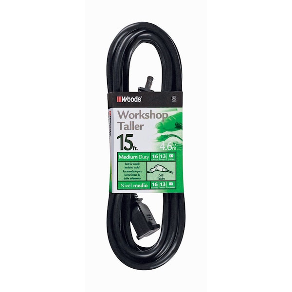 Woods Extension Cord, Indoor/Outdoor, Black, 15 ft - 258