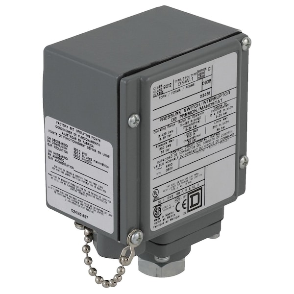Interruptor de presión Telemecanique Sensors, (1) puerto, 1/4-18 en FNPT, DPDT, 20 a 675 psi, Acción estándar - 9012GBW22