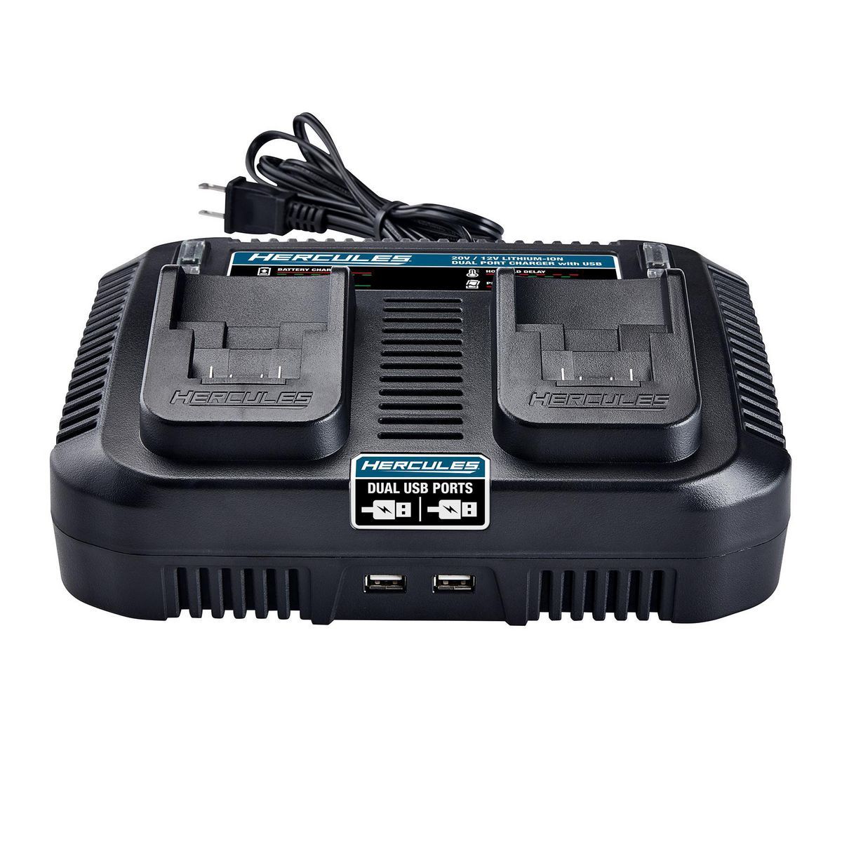 Cargador dual con doble puerto Hercules de multivoltaje de 20V/12V de ion litio con doble USB - 56224