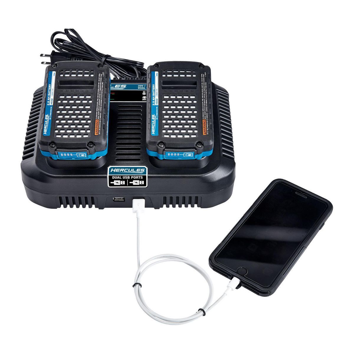 Cargador dual con doble puerto Hercules de multivoltaje de 20V/12V de ion litio con doble USB - 56224