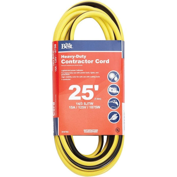 All-Source Extension Cord, 14 AWG, Outdoor, 14/3, 25 ft - OU-JTW143-25-YLWS