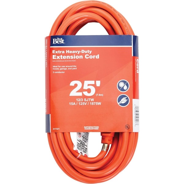 All-Source Extension Cord, 12 AWG, Outdoor, 12/3, 25 ft - OU-JTW123-25-OR