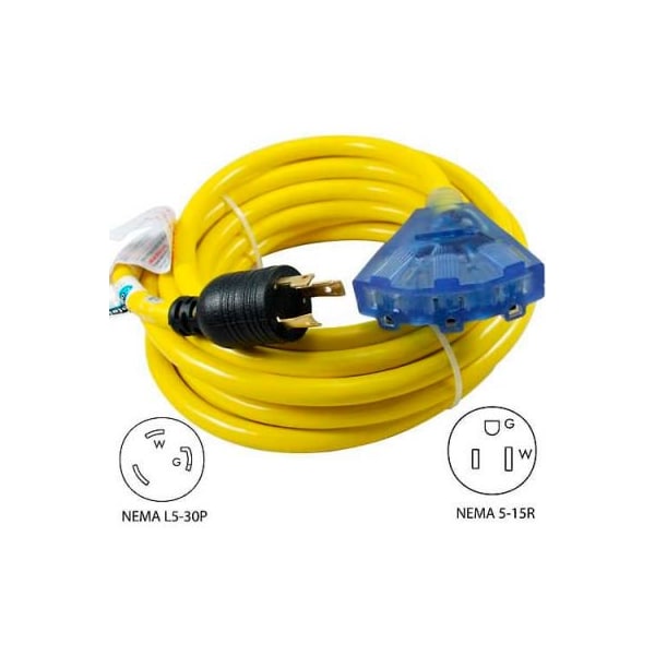Conntek Conntek 20311-025, 25', 30A, Generator Locking Ext. Cord w/NEMA L5-30P to 5-15R*3, Lighted End - 20311-025