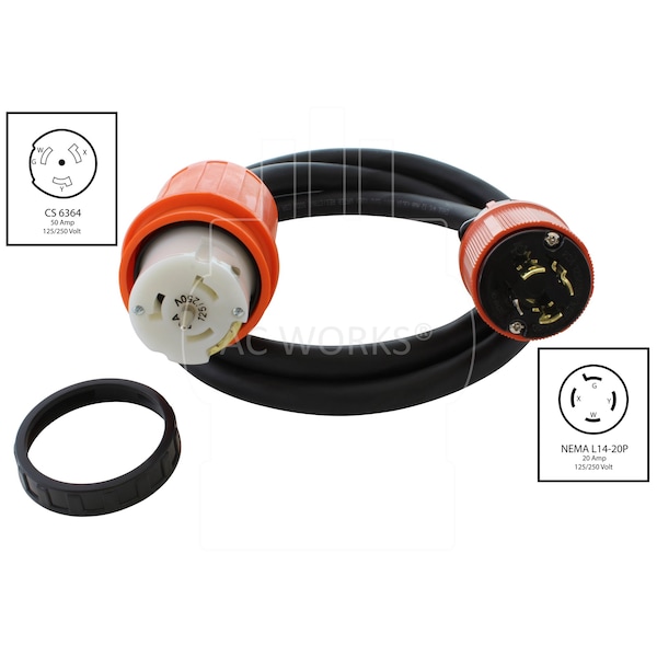 Ac Works SOOW Locking Extension Cord, 12 AWG, Indoor/Outdoor, 12/4, 1 Outlets, Black, Rubber, Nylon, L14-20P - TEL1420-010