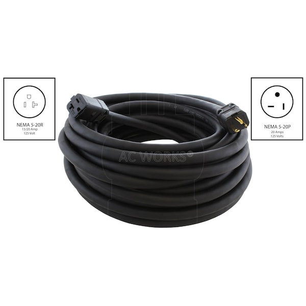 Ac Works SOOW; Cold Weather Extension Cord, 10 AWG, Indoor/Outdoor, 10/3, 1 Outlets, Black, Rubber, Nylon - SD520PR-010