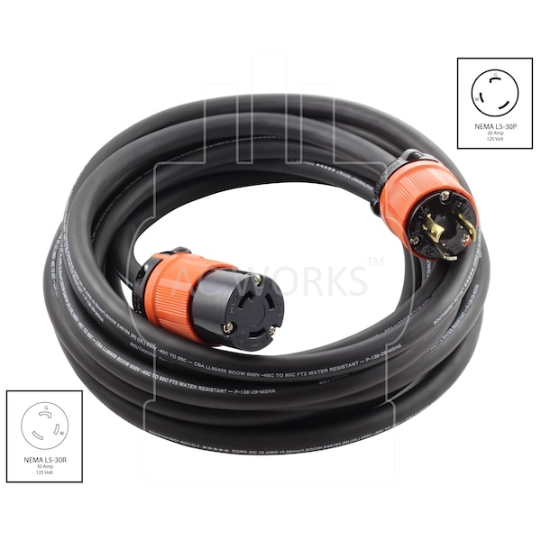 Ac Works SOOW; Cold Weather Extension Cord, 10 AWG, Indoor/Outdoor, 10/3, 1 Outlets, Black, Rubber, Nylon - L530PR-100