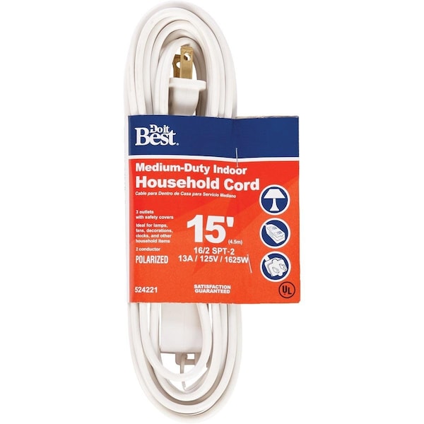 All-Source Extension Cord, 16 AWG, Indoor, 16/2, 15 ft - IN-PT2162-15X-WH