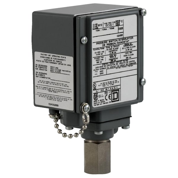 Interruptor de presión Telemecanique Sensors, (1) Puerto, 1/4-18 in FNPT, SPDT, 90 a 2900 psi, Acción Estándar - 9012GMW2