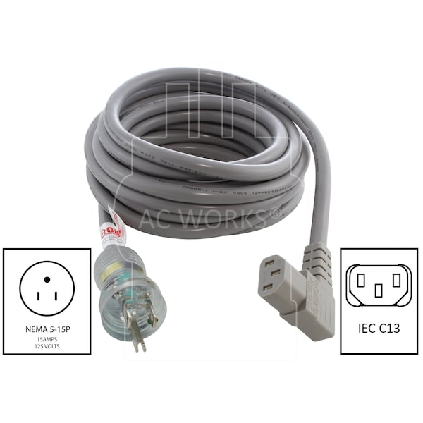 Ac Works 6ft 18/3 10A Medical Grade Power Cord with Right Angle IEC C13 Connector - MD10ARC13-072