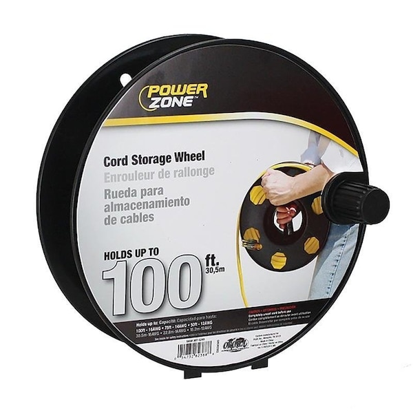 Powerzone Cord Storage Reel, 100 ft L Cord, 16 AWG Wire, Black - ORCR2002