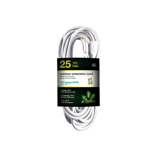Gogreen SJTW Extension Cord, 16 AWG, Outdoor, 16/3, 25 ft - GG-13725WH