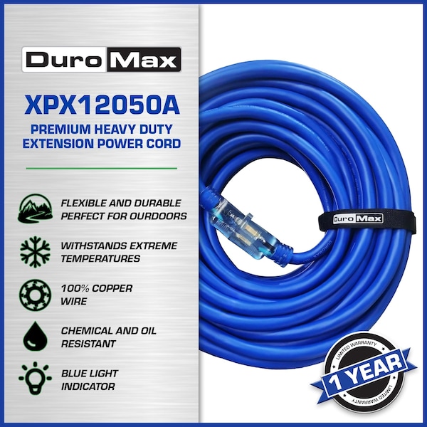 Duromax SJEOOW Extension Cord, 12 AWG, Indoor/Outdoor, 3 Outlets, Blue, PVC, 50 ft - XPX12050A