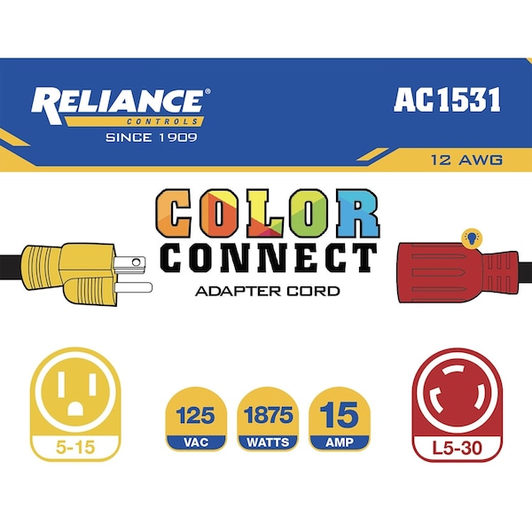 Reliance Controls Color Connect 12/3 SJTW 125 V 12 in. L Adapter Cord - AC1531