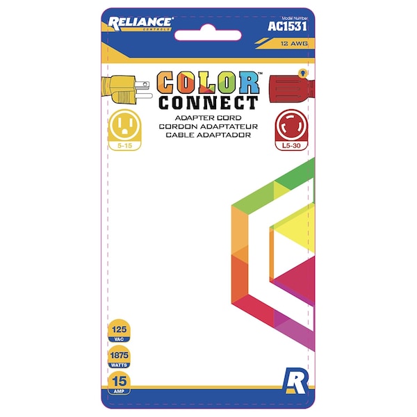Reliance Controls Color Connect 12/3 SJTW 125 V 12 in. L Adapter Cord - AC1531