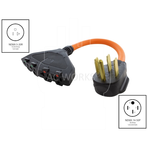 Ac Works 1.5FT Adapter NEMA 14-50P RV/Range Plug to 4 Household 20A Outlets - S1450F520-018