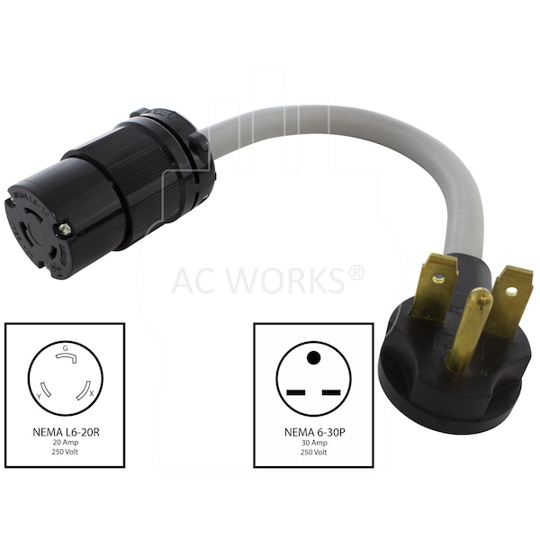 Ac Works 1FT 30A 3-Prong 6-30P Commercial HVAC Plug to L6-20R Locking Female Connector - S630L620-012