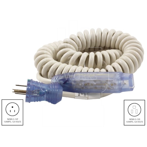 Ac Works 9-11FT 13A 16/3 Medical Grade Power Strip Coiled Cord with Bar Tri-outlet - MD220-CC