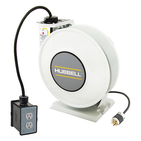Hubbell Wiring Device-Kellems White Industrial Reel with Black Portable Outlet Box and (2) 15A Duplex Receptacles, UL Type 1, 45 Ft, #14/3 SJO, 15 A, 125 VAC - HBLI45143R215M1
