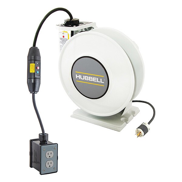 Hubbell Wiring Device-Kellems White Industrial Reel with Black Portable Outlet Box, GFCI Module and (2) 15A Duplex Receptacles, UL Type 1, 45 Ft, #14/3 SJO, 15 A, 125 VAC - HBLI45143GF215M1