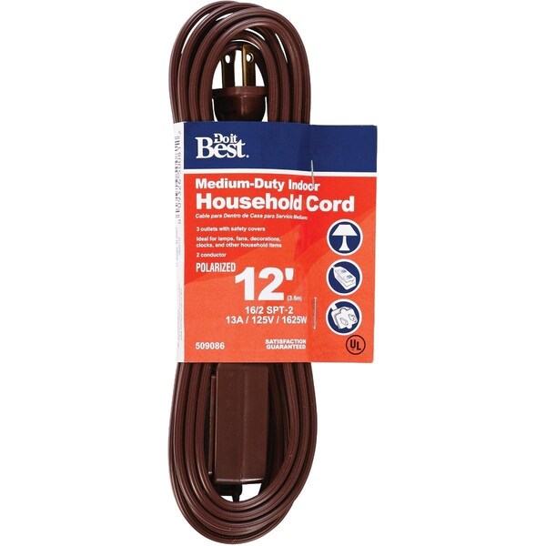 All-Source Extension Cord, 16 AWG, Indoor, 16/2, 12 ft - IN-PT2162-12X-BR