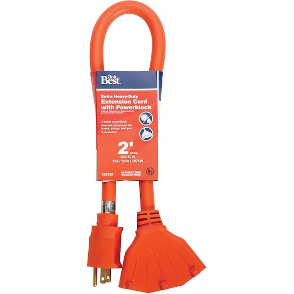 All-Source Extension Cord, 12 AWG, Indoor/Outdoor, 12/3, 2 ft - OP-JTW123-2-OR