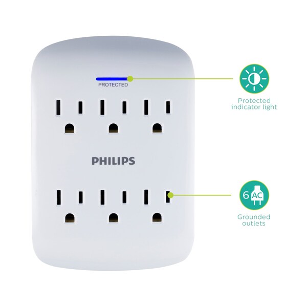 Philips Philips 6-Outlet Surge Protector Tap, 900J, White, PK 4 - SPP3469WA/37