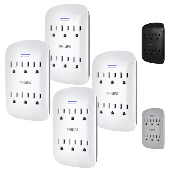 Philips Philips 6-Outlet Surge Protector Tap, 900J, White, PK 4 - SPP3469WA/37