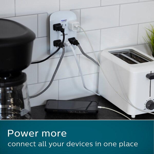 Philips Philips 6-Outlet Surge Protector Tap, 900J, White, PK 4 - SPP3469WA/37
