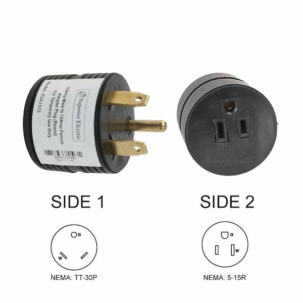 Superior Electric 30 Amp Male NEMA TT-30P to 15 Amp Female NEMA 5-15R Adapter Plug (Round) - RVA1518